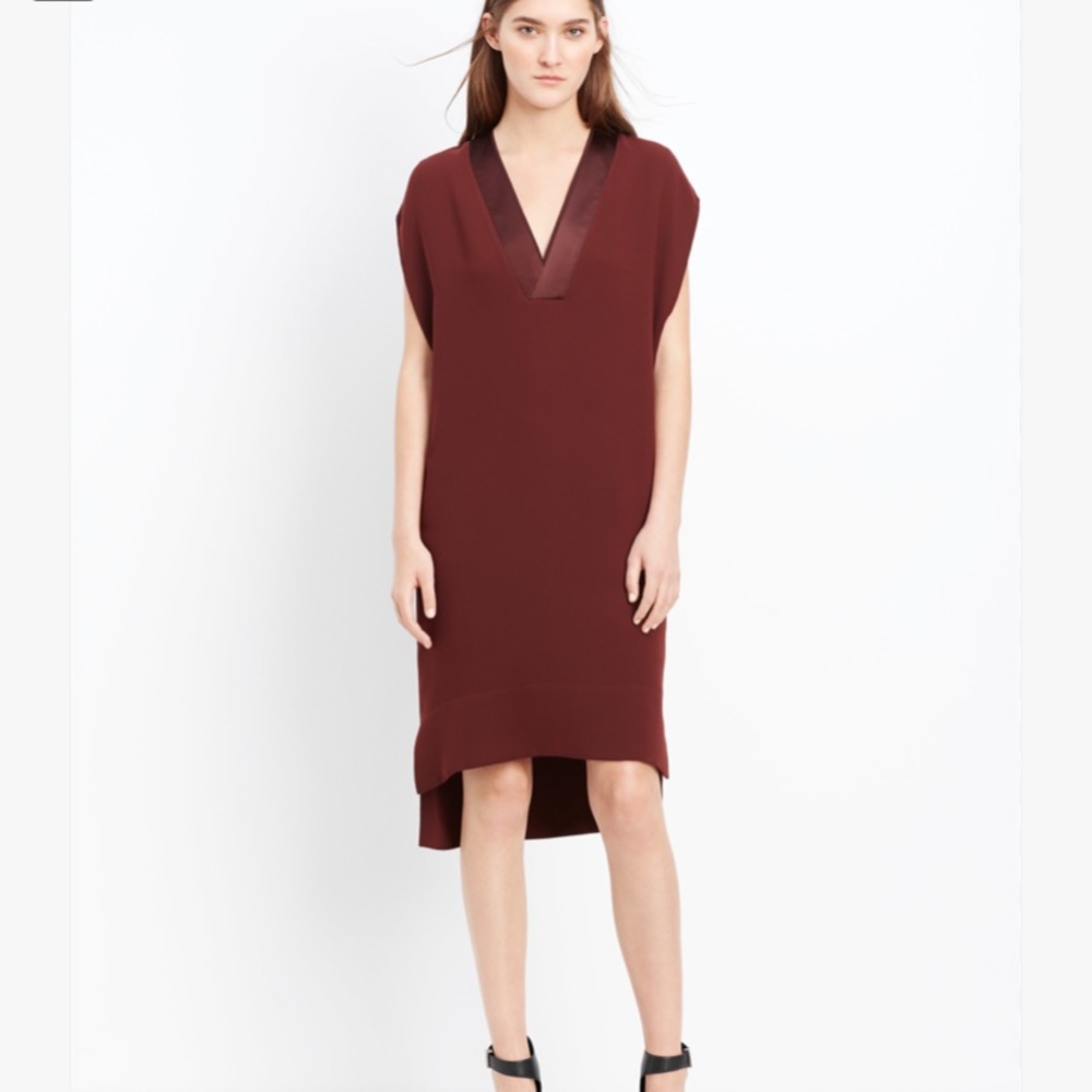 Vince Satin Trim V-Neck Crepe Dress